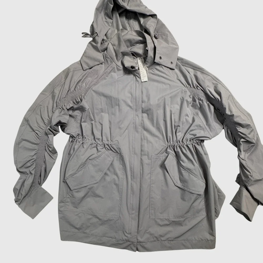 Fabletics Grey Ruched Sleeve Drawstring Hooded Jacket Women's Size‎ Medium